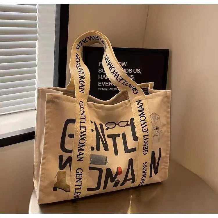 Women's canvas tote shoulder bag with large capacity and printed design options