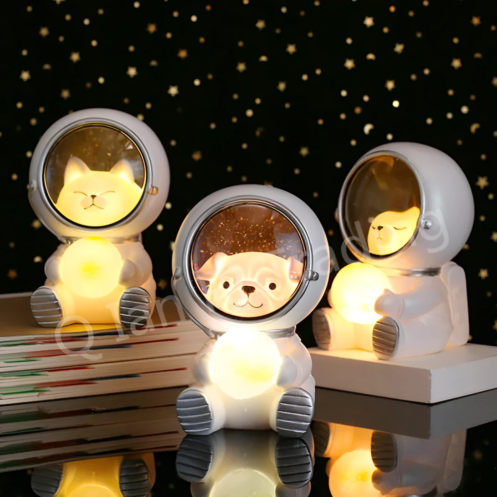 Resin animal night light in bear design with starry sky LED glow on a table.
