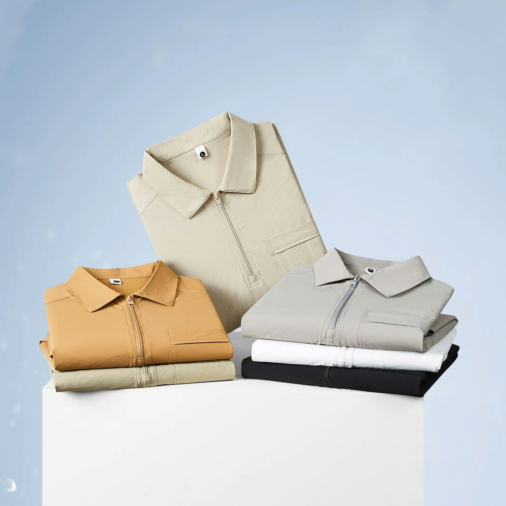 Nylon advertising shirt with chest zipper pockets and lapel tooling design in silver grey colour
