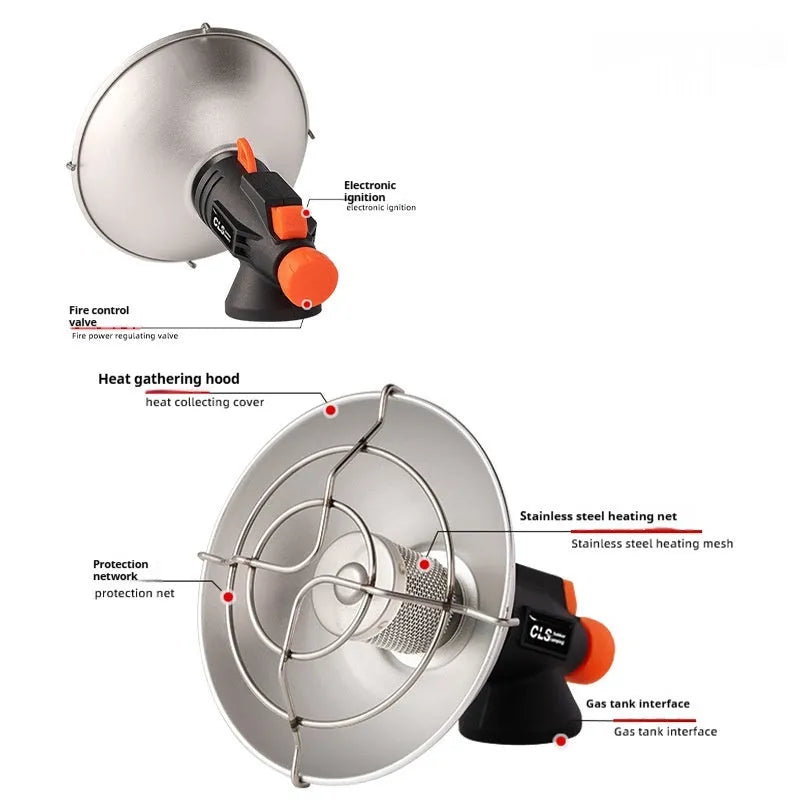 Portable outdoor heating stove with black and orange design showing automatic press ignition
