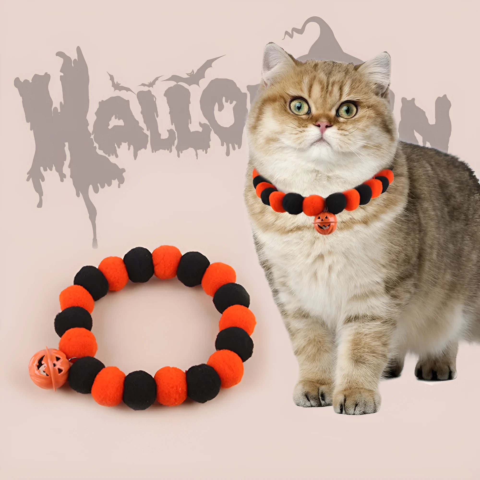 Orange Halloween pumpkin costume collar for cats with adjustable strap in sizes S, M, L.