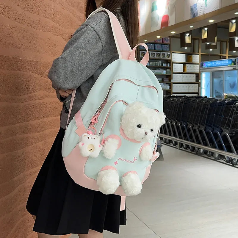 Cute bear school backpack in macaron colours with curved shoulder straps and optional pendant