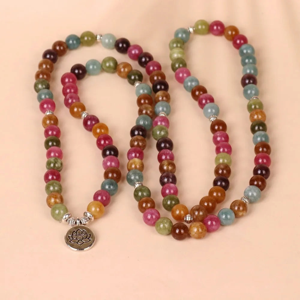 Lotus multi-layer bracelet with 108 alloy beads in tourmaline colour on adjustable string