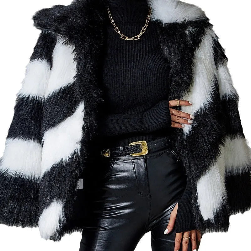 Women's picture colour faux fur coat with a contrasting lapel and a fur collar