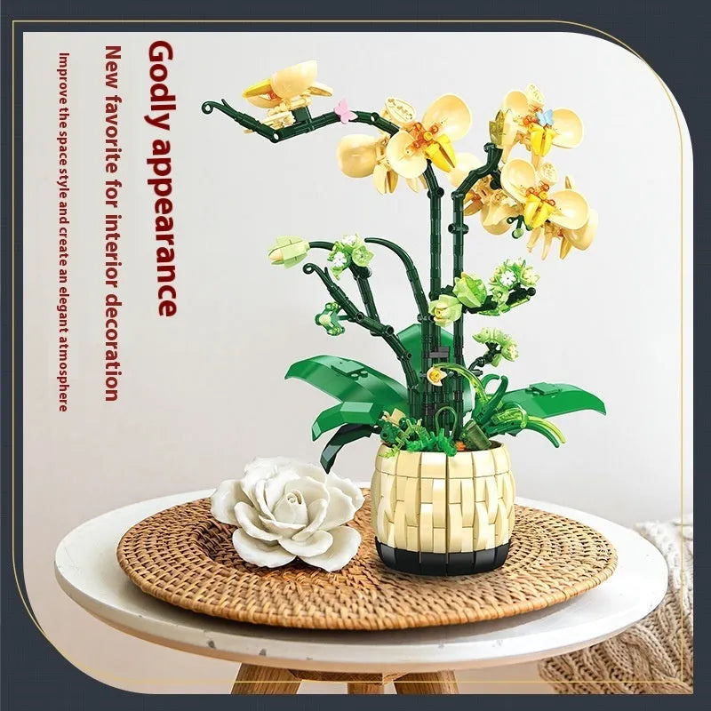 Assembled orchid potted decoration made from plastic building blocks in Jetstar 9067 style on a desk