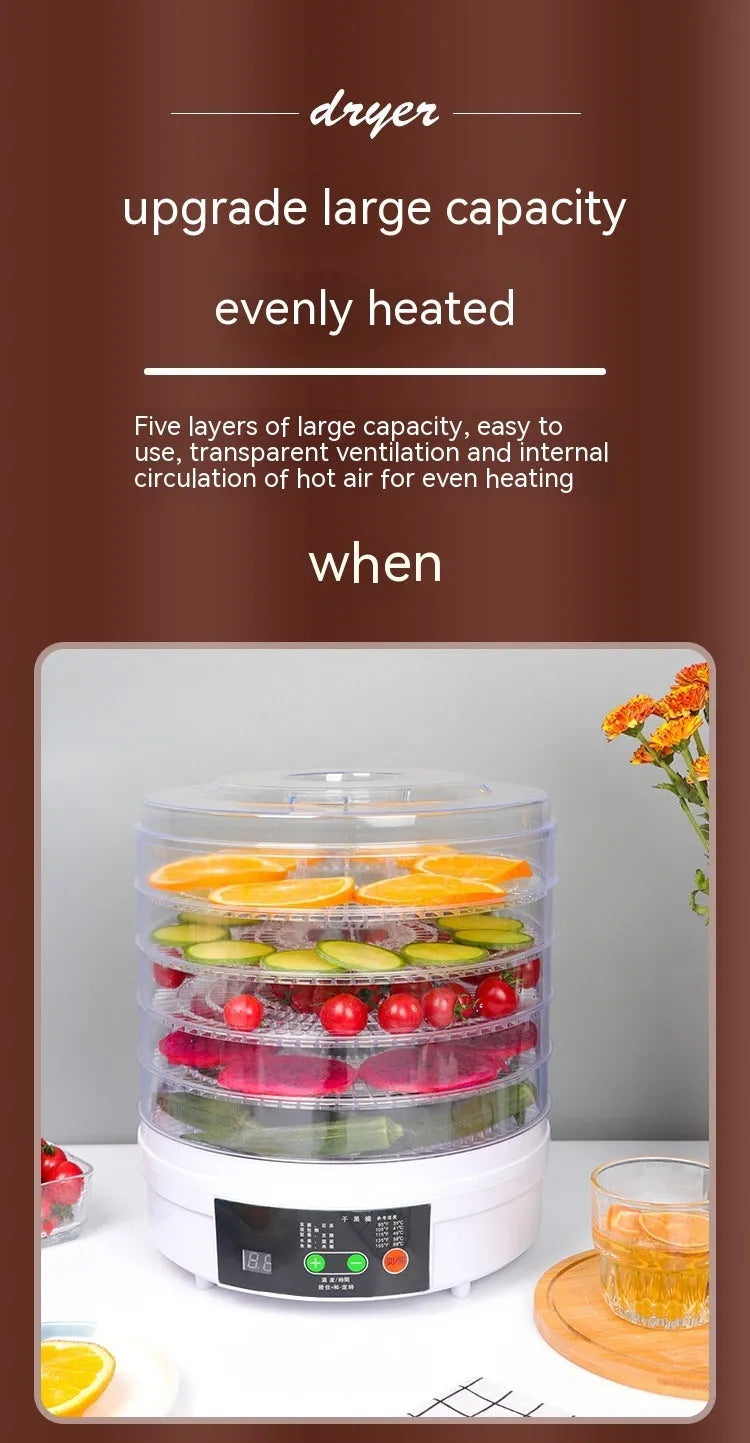 Five-tray household fruit dehydrator with clear door and adjustable temperature control