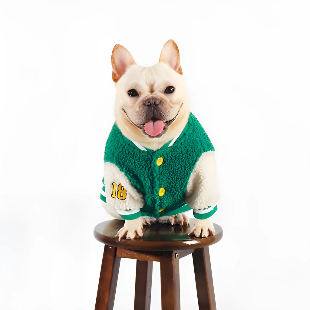 Green fleece-lined dog coat for winter with cotton exterior and multiple size options