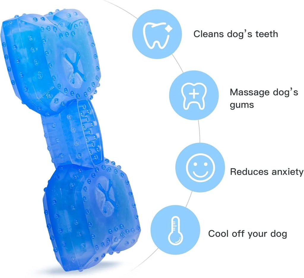 Freezable plastic bone and circle shaped dog chew toys for teething puppies.