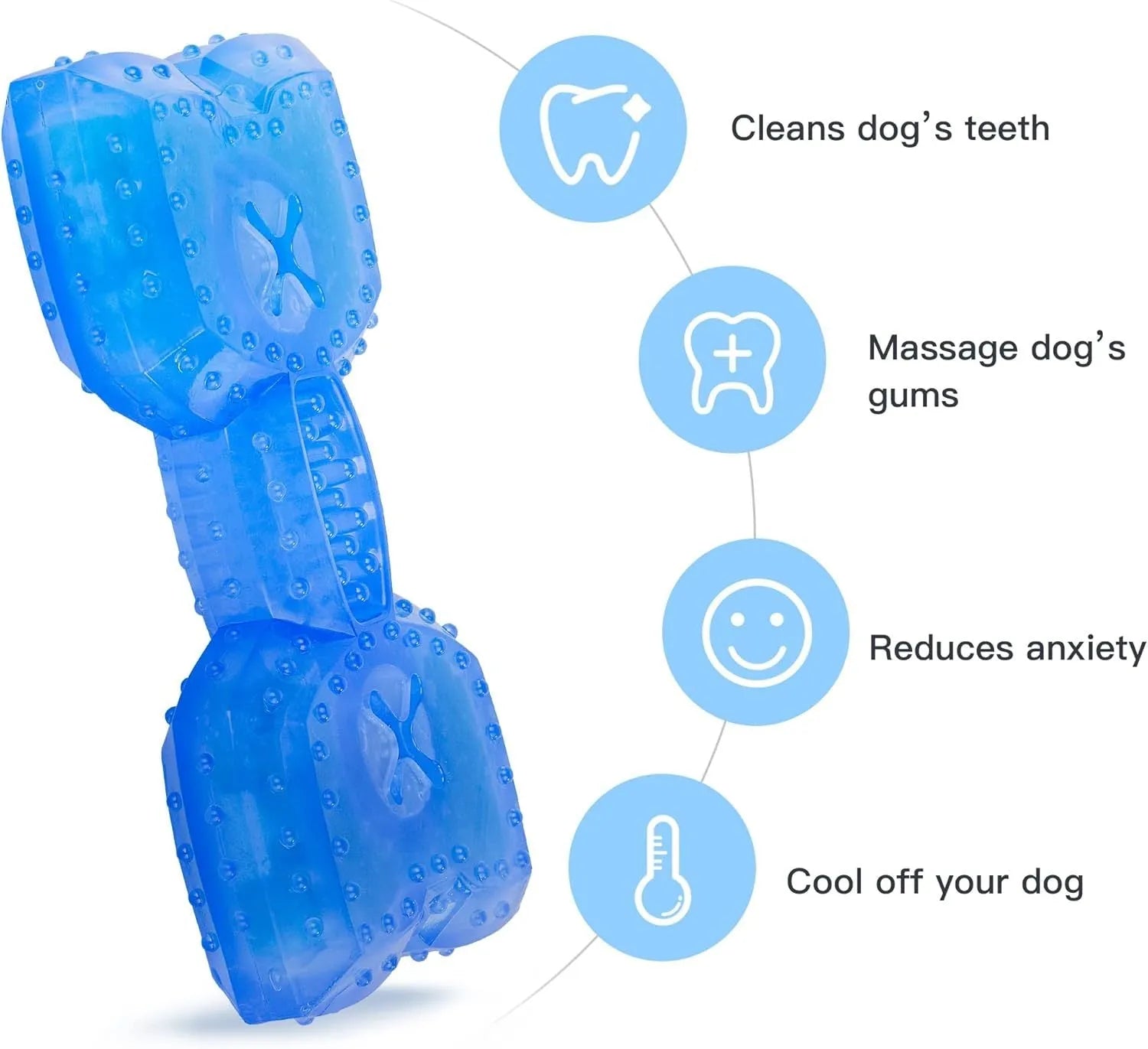 Freezable plastic bone and circle shaped dog chew toys for teething puppies.