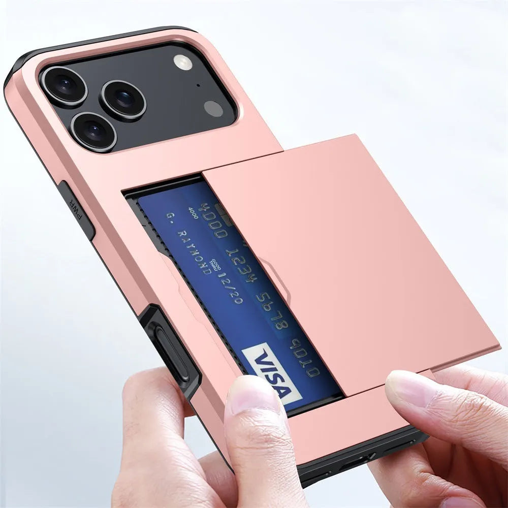 Apple iPhone phone case with sliding card cover in Army Green colour showing card slot