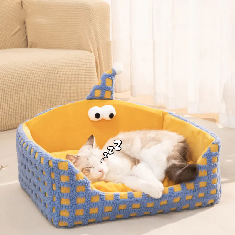 Green triangular hat-shaped sponge pet bed for cats, shown disassembled for washing.