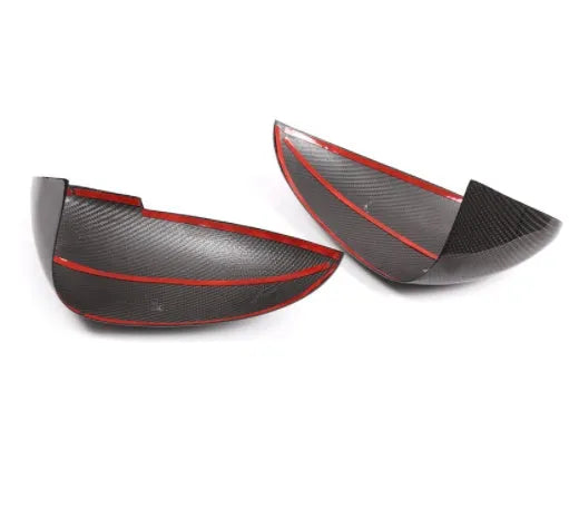 Carbon fibre mirror covers for Porsche Macan 2014-2022 models with dimensional specifications