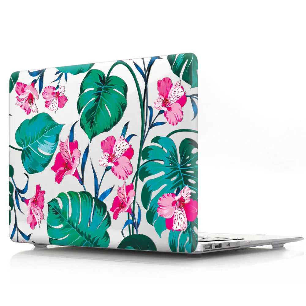 Plastic hard shell case with floral pattern for Apple MacBook Air and MacBook Pro laptops.
