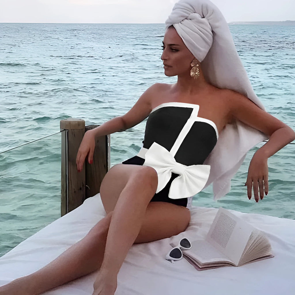 Women's black and white colour-block one-piece swimsuit with bow detail and tube top