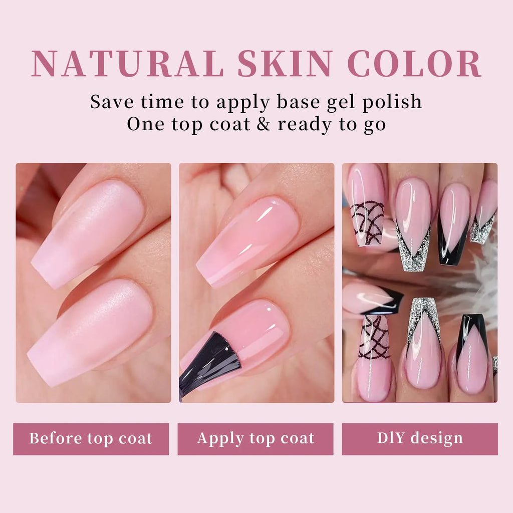 Box of nude seamless removable nail stickers showing eight colour shades for women.