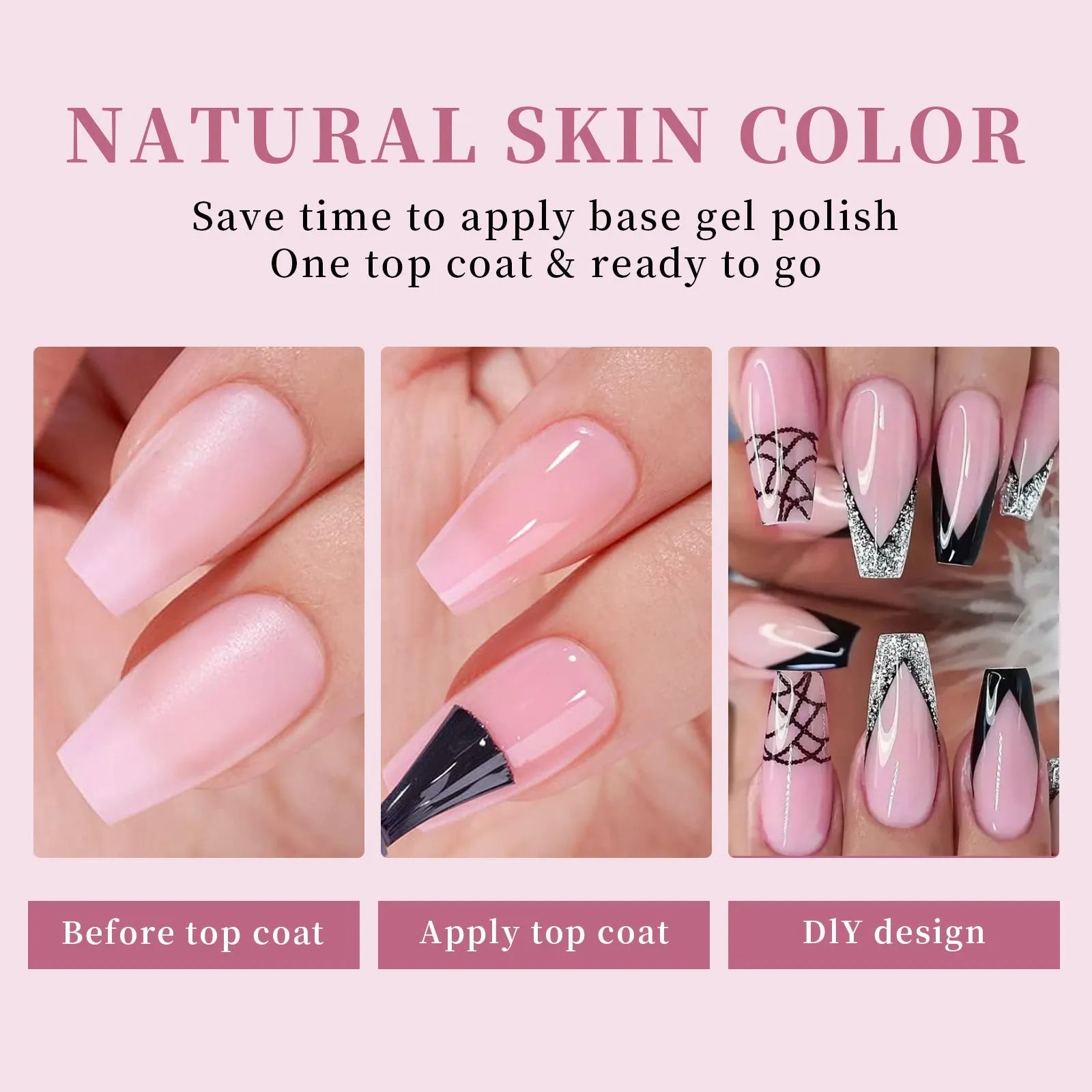 Box of nude seamless removable nail stickers showing eight colour shades for women.