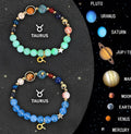 Set of twelve natural stone beaded bracelets showing different zodiac signs on a table.