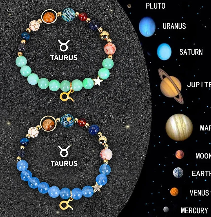 Set of twelve natural stone beaded bracelets showing different zodiac signs on a table.