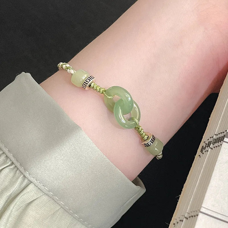 Green jade buckle copper bracelet with double ring strap ethnic design for women