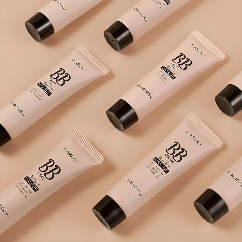 30ml tube of BB cream foundation showing nine colour shade options from ivory white to brown.