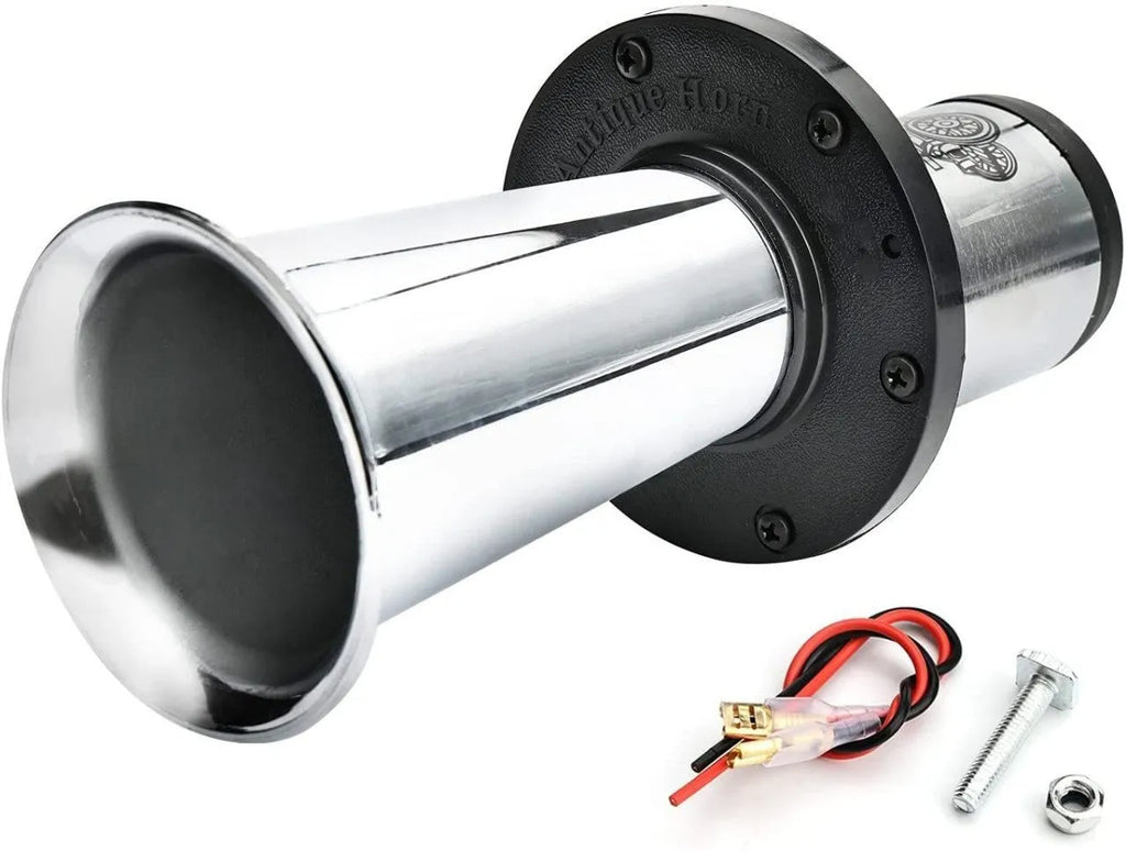 Black 12V universal replacement car horn with silver finish for automotive use
