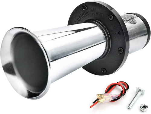 Black 12V universal replacement car horn with silver finish for automotive use