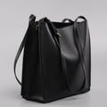 Brown genuine leather women's bucket bag with double shoulder straps and slit pocket