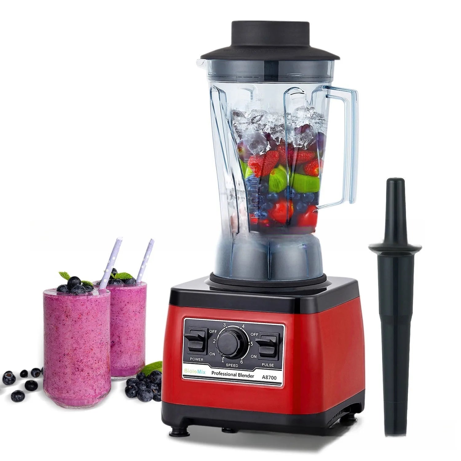 Red commercial heavy-duty blender with 2200W motor and 2-litre capacity jar on counter.
