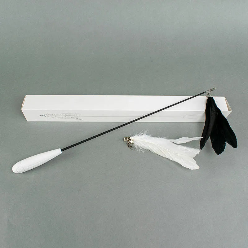 Telescopic cat fishing rod toy with goose feather teaser and bell, shown extended and collapsed.