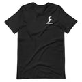 A loose-fitting black cotton T-shirt with short sleeves and a round neck on a hanger.