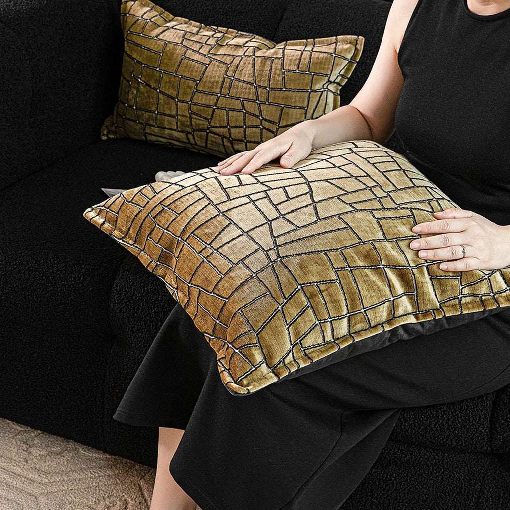 Gold geometric pattern polyester cushion cover showing three size options