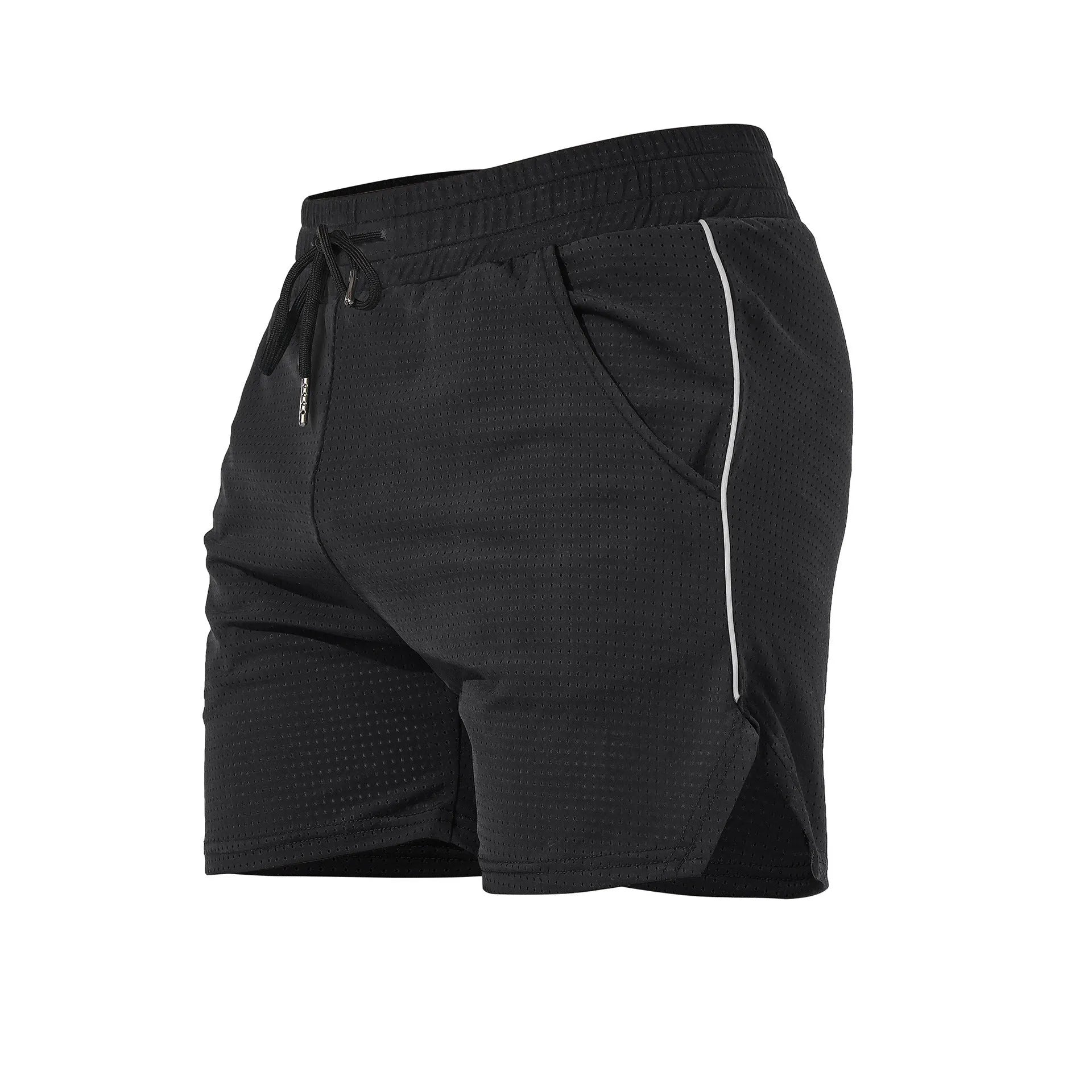 Men's straight-leg polyester sports shorts shown in black, grey, navy, and red colours