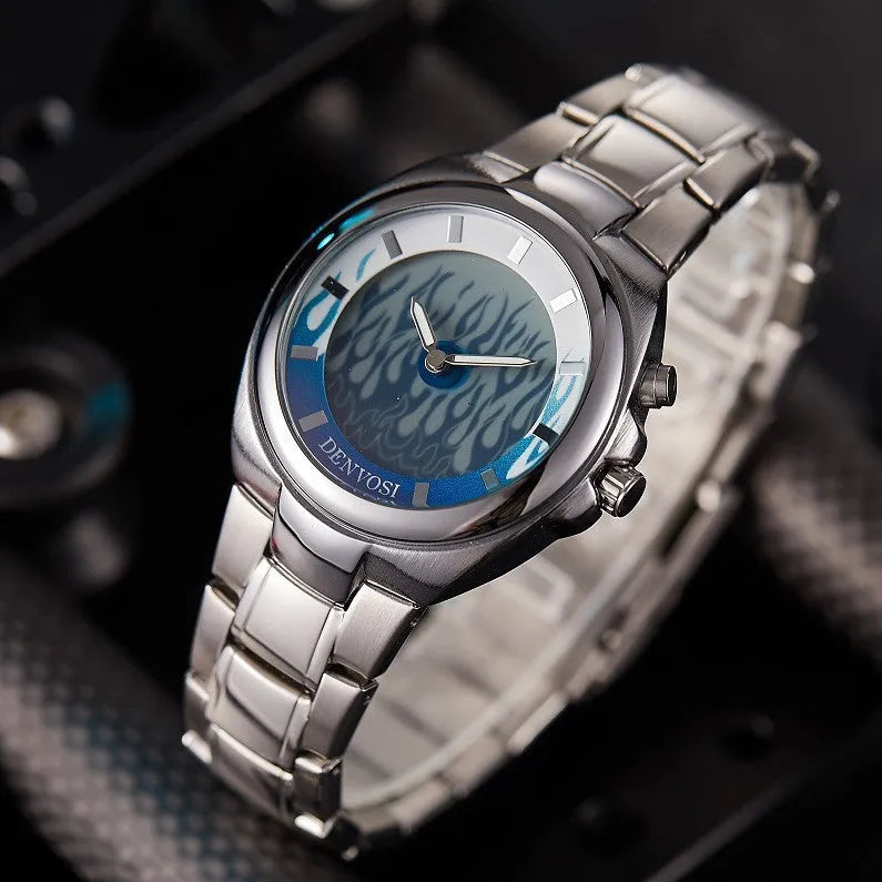 Y2K digital men's watch showing dual display with either red face or blue flame dial on alloy strap.