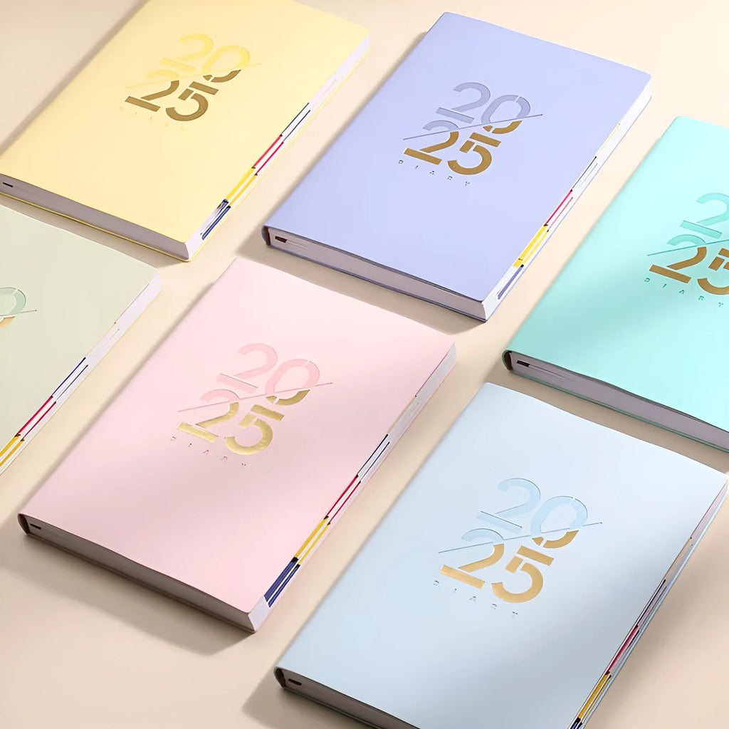 A5 daily schedule book with soft faux leather cover in various colours including pink, yellow, purple, blue and green