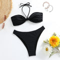 Black women's swimwear set with lace-up tube top and matching briefs