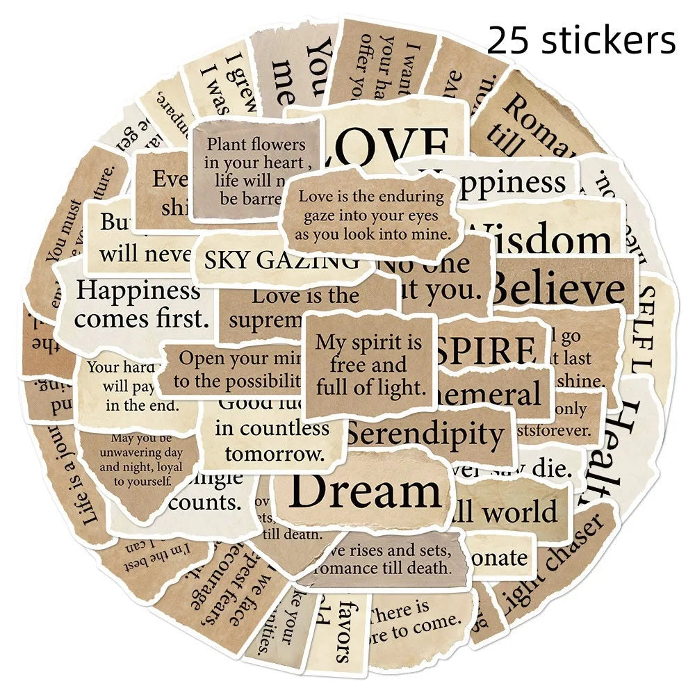 Set of 25 torn English design decorative stickers for laptops and notebooks with repositionable adhesive