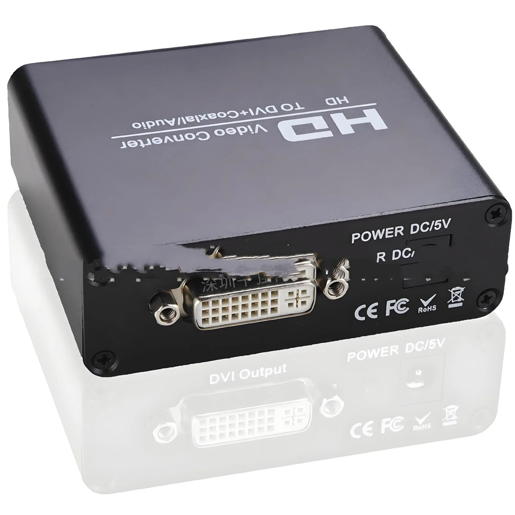 Black HDMI to DVI converter unit with attached cable and coaxial audio output port.