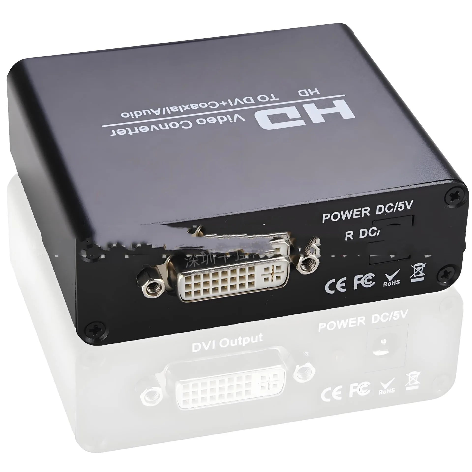 Black HDMI to DVI converter unit with attached cable and coaxial audio output port.