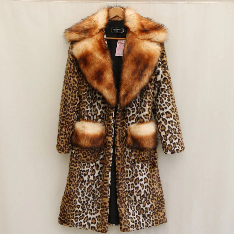 Women's long leopard print artificial fur jacket with regular sleeves, shown on a model.