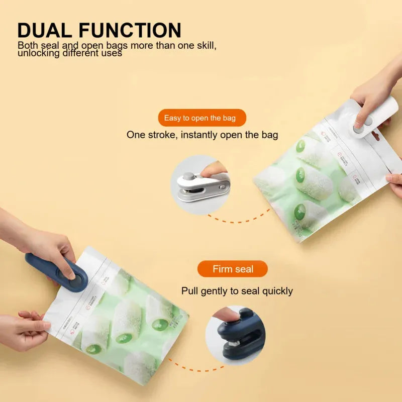 White and blue handheld USB rechargeable bag heat sealer with cutter blade on a kitchen counter.
