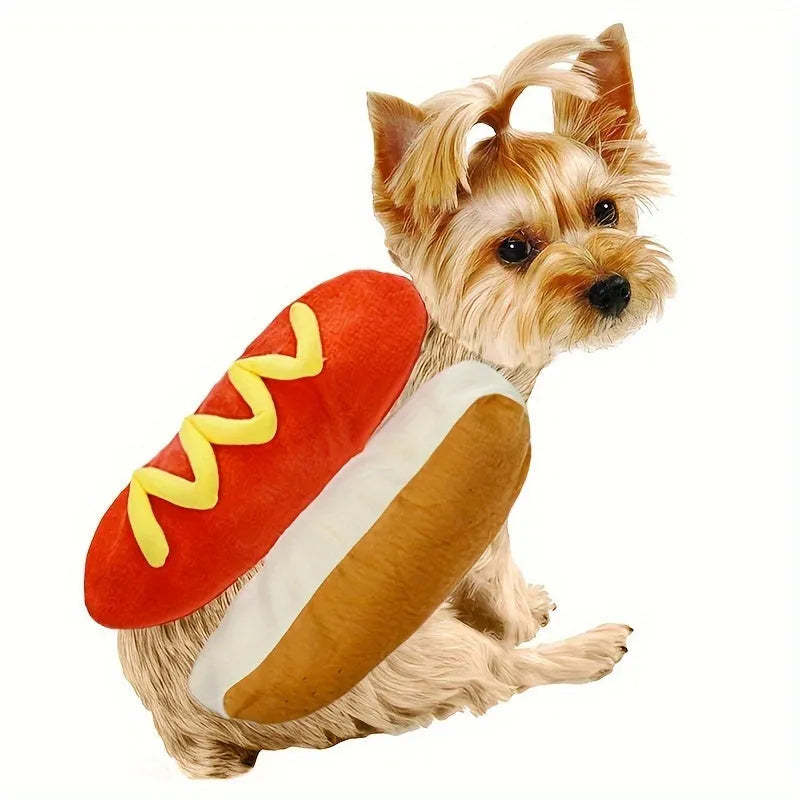 Small dog wearing red hot dog costume with adjustable belly strap