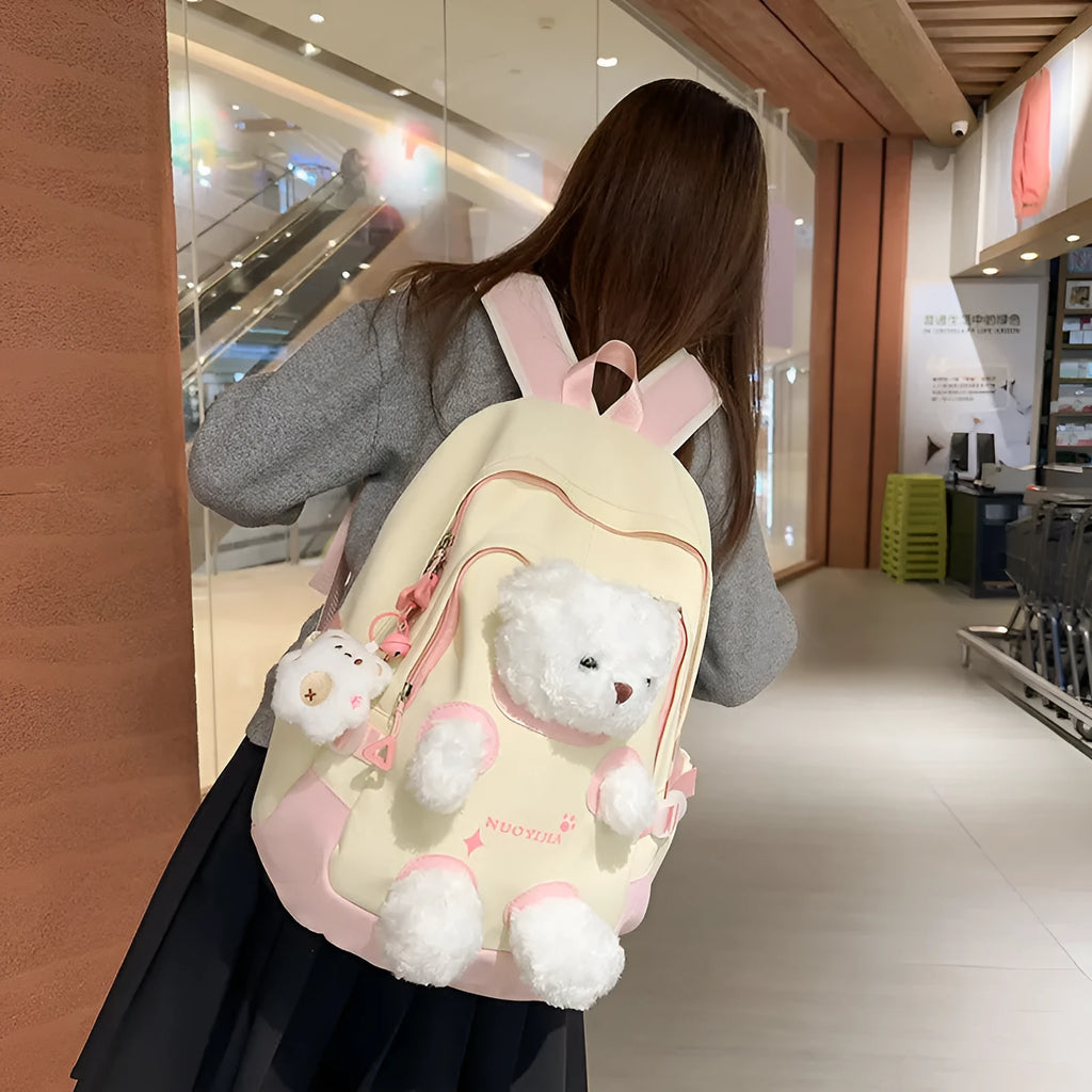 Cute bear school backpack in macaron colours with curved shoulder straps and optional pendant