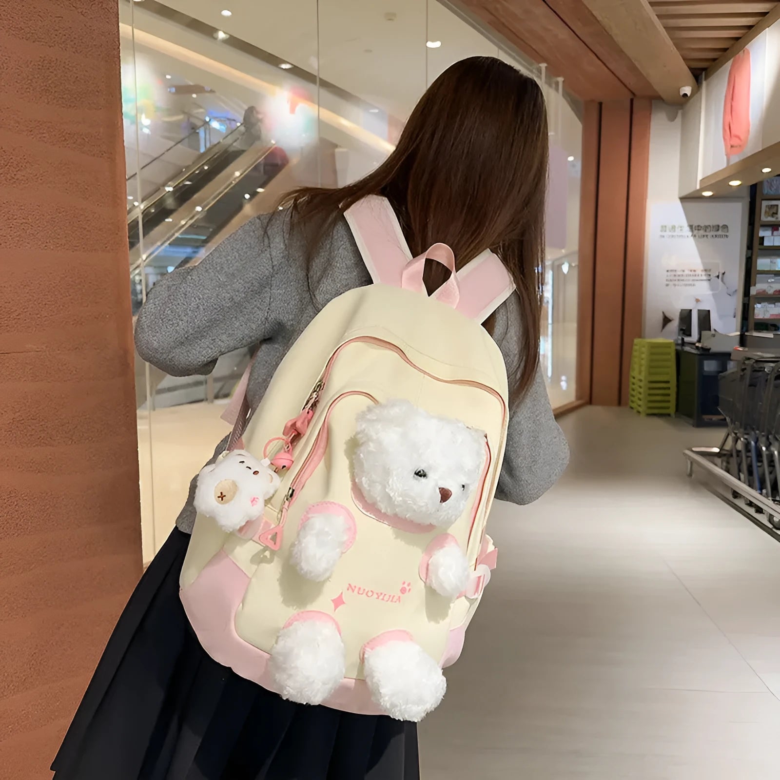 Cute bear school backpack in macaron colours with curved shoulder straps and optional pendant