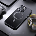 Transparent iPhone case with a built-in fulcrum kickstand and magnetic back, shown in black, grey, purple, and clear colours.