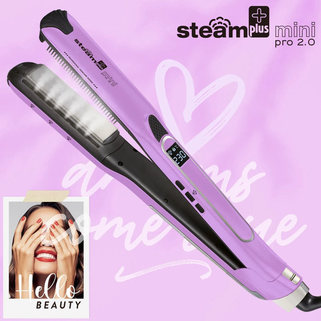 Mini steam hair straightener and curling iron in champagne, purple, or rose red colour