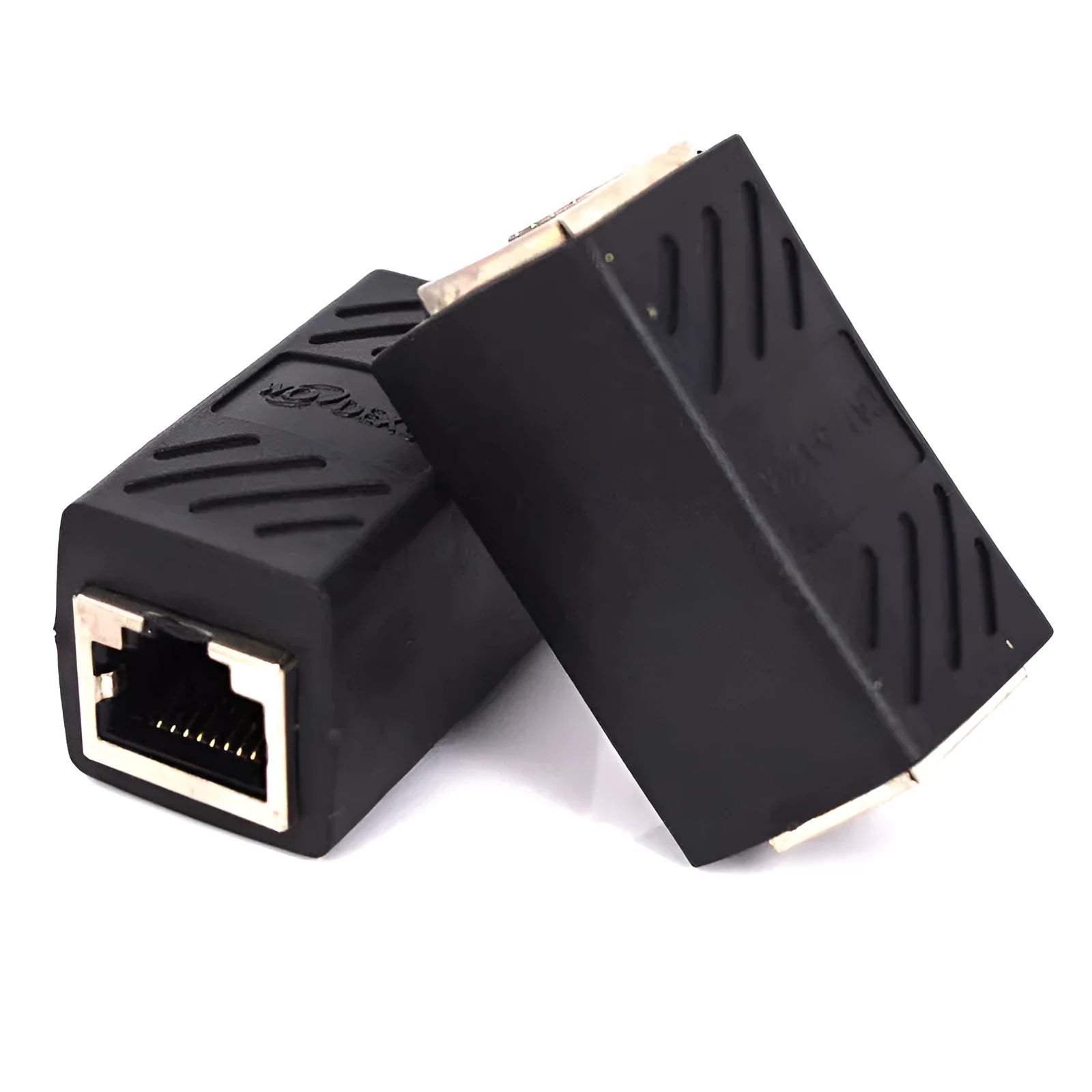 Black RJ45 network cable extender adapter with female-to-female connectors