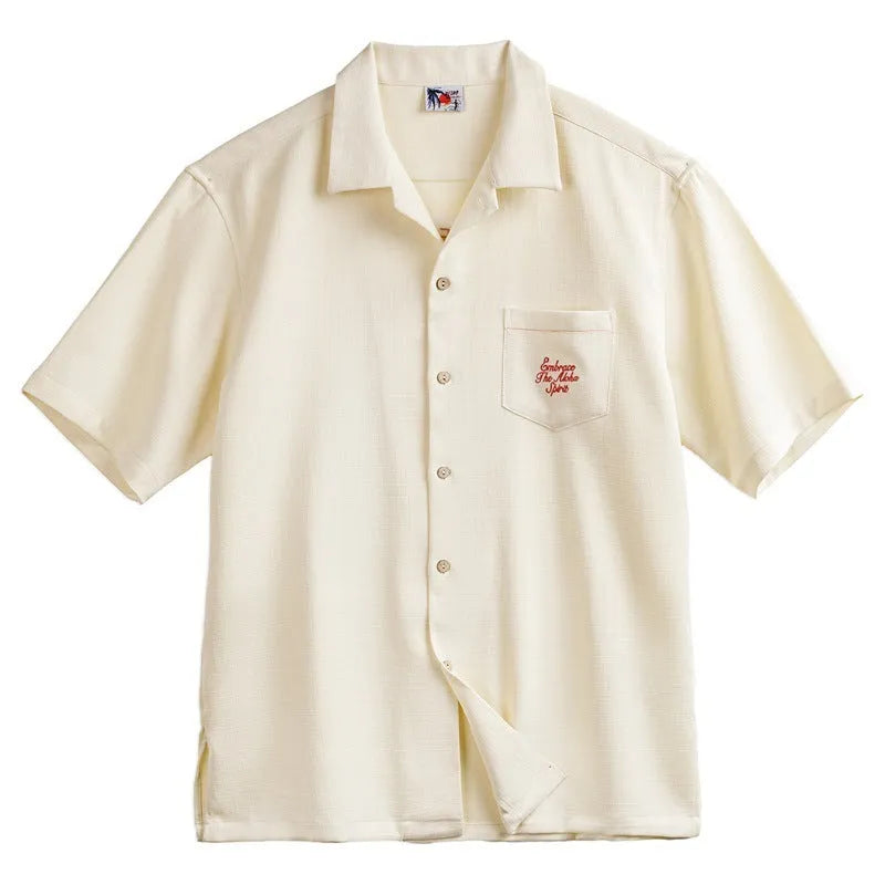 Light apricot Cuban collar shirt with bamboo pattern design for men