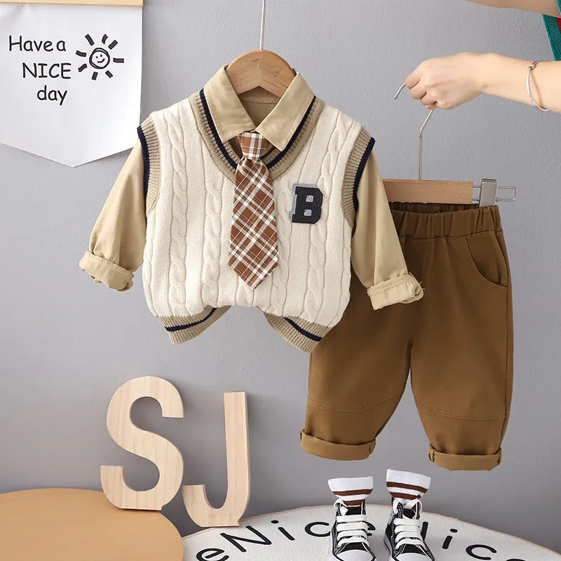 Boys autumn cotton three-piece suit set with vest tie in beige