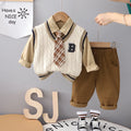 Boys autumn cotton three-piece suit set with vest tie in beige
