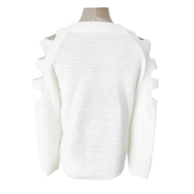 Women's solid grey knitted long sleeve pullover shirt with crocheted hollow-out texture detail.